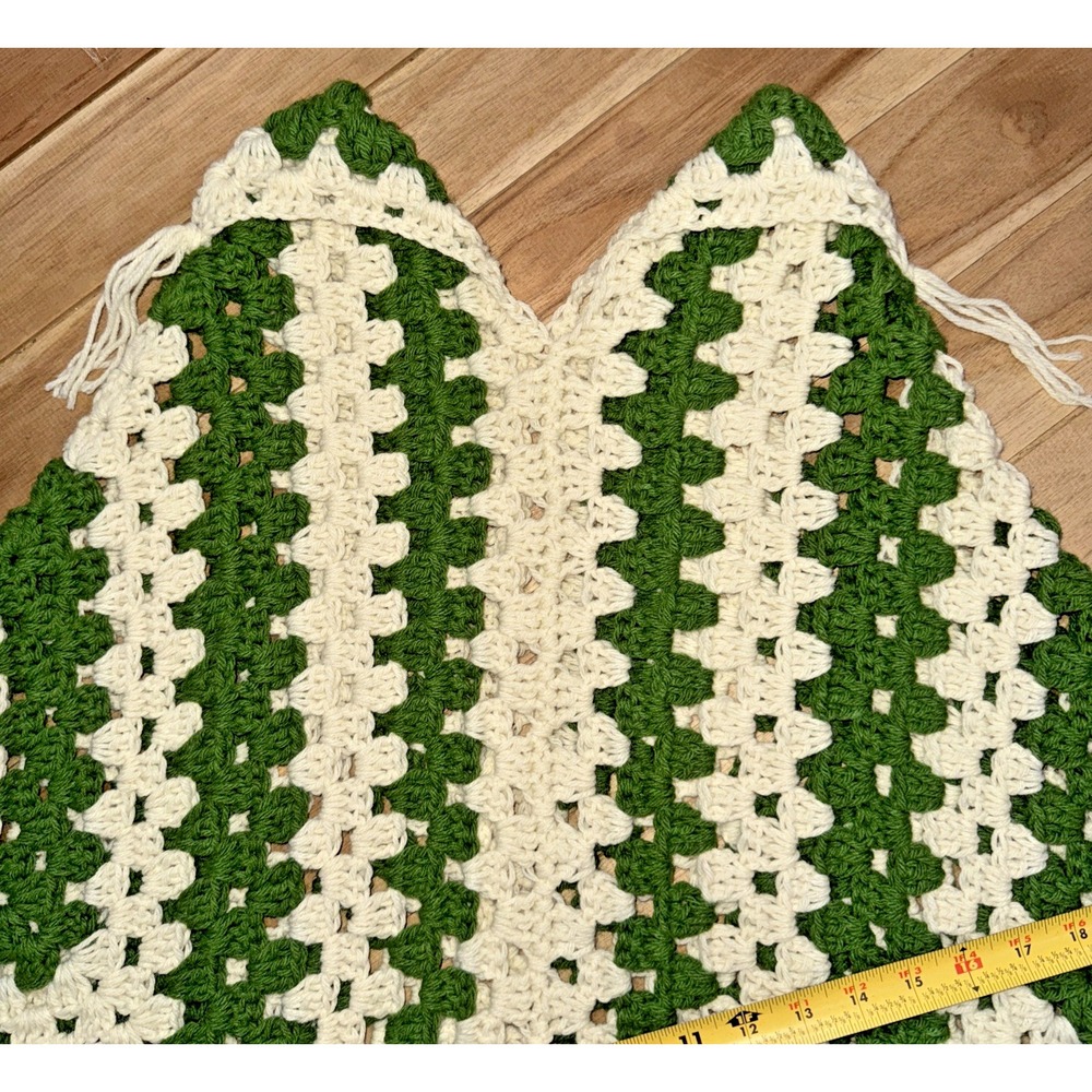 Vtg GROOVY 70s Crochet Granny Square Poncho - Green Cream Fringe | Handmade Boho - Picture 6 of 11